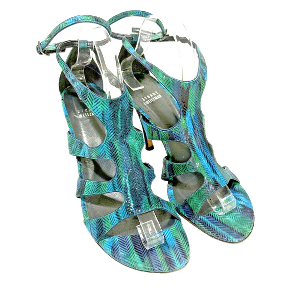 Stuart Weitzman Blue Green Purple High Heel Sandals Size 9 Ankle Strap Buckles - Picture 1 of 13